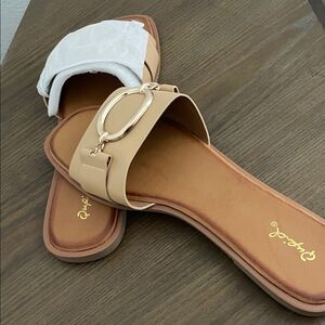 Qupid Beige Slide Sandals with Gold Accent